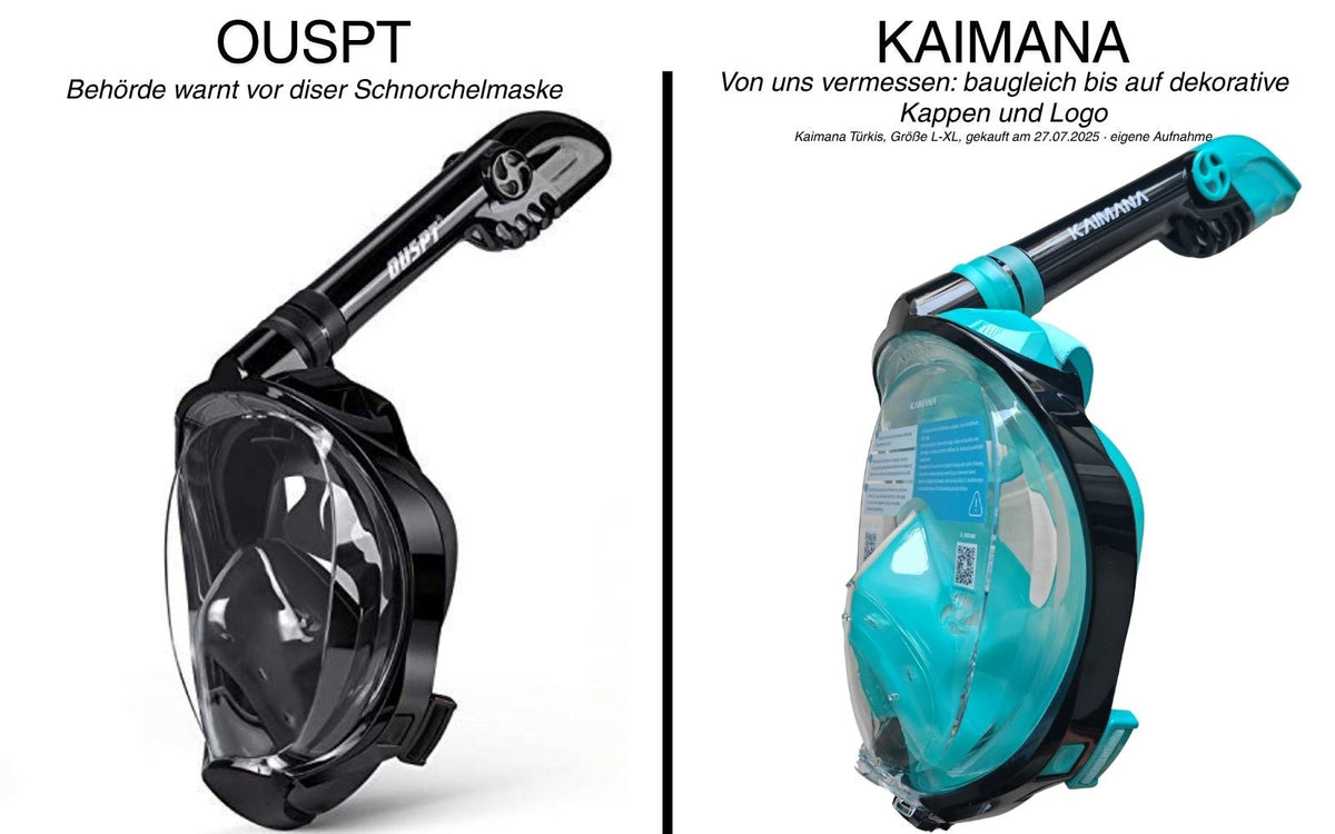 Schnorchel Maske OUSPT im Bauteilvergleich mit KAIMANA
