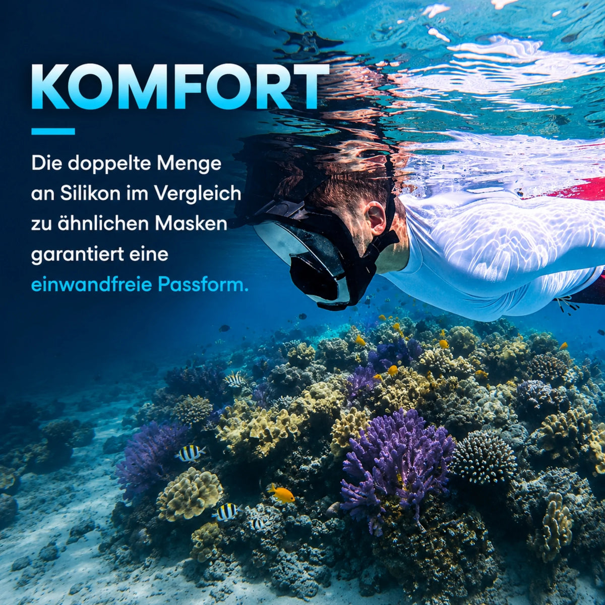 Khroom Seaview Pro Plus Vollgesichtsmaske beim Schnorcheln am Korallenriff – doppelte Silikondichtung für dichte Passform