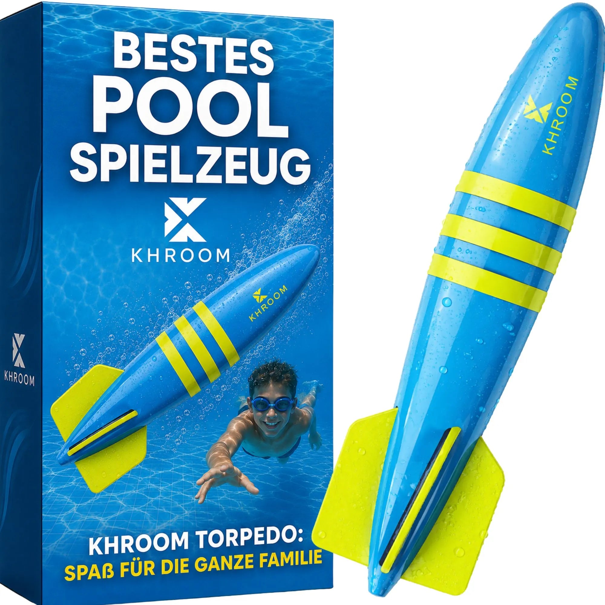 Khroom Torpedo Pool-Tauchspielzeug in Blau – Verpackung mit Kind beim Schwimmen im Pool