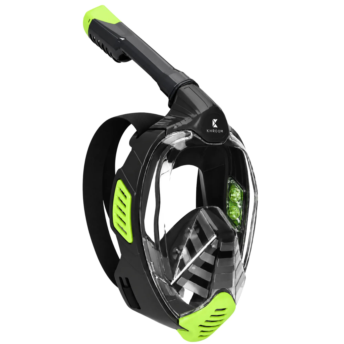 Khroom Seaview X volgelaatssnorkelmasker in zwart met neongroene accenten, dry-top-snorkel en helder 180-gradenvizier