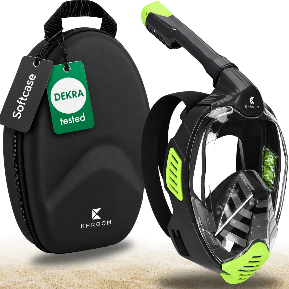 Khroom Seaview X Vollgesichts-Schnorchelmaske in Schwarz-Neongrün mit schwarzem Softcase, DEKRA-geprüft
