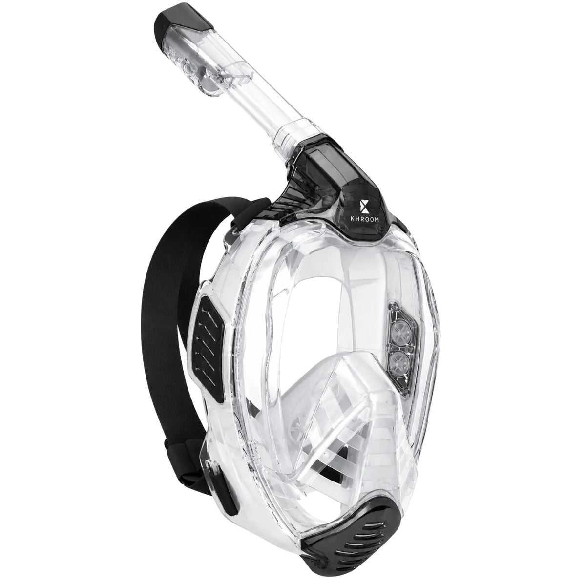 Khroom Seaview X Vollgesichts-Schnorchelmaske in Schwarz-Transparent mit Dry-Top-Schnorchel und klarer 180-Grad-Scheibe