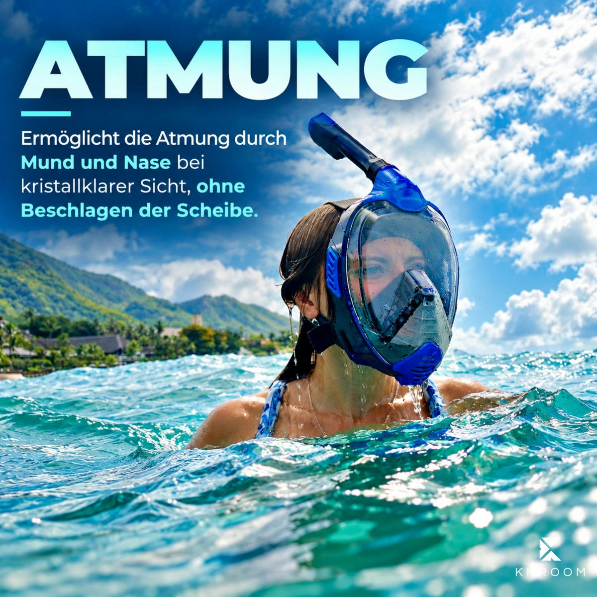 Frau im Meer mit der Khroom Seaview X Vollgesichtsmaske in Blau: freie Atmung durch Mund und Nase, klare Sicht ohne beschlagene Scheibe