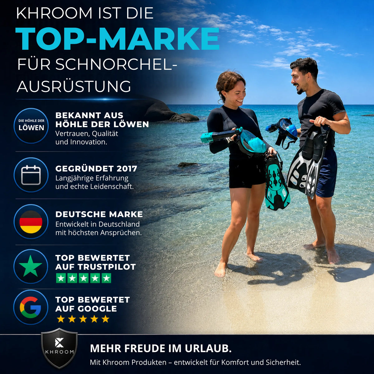 Paar am Strand mit Khroom Vollgesichts-Schnorchelmasken und Flossen – Khroom, deutsche Marke für Schnorchelausrüstung seit 2017, bekannt aus Die Höhle der Löwen