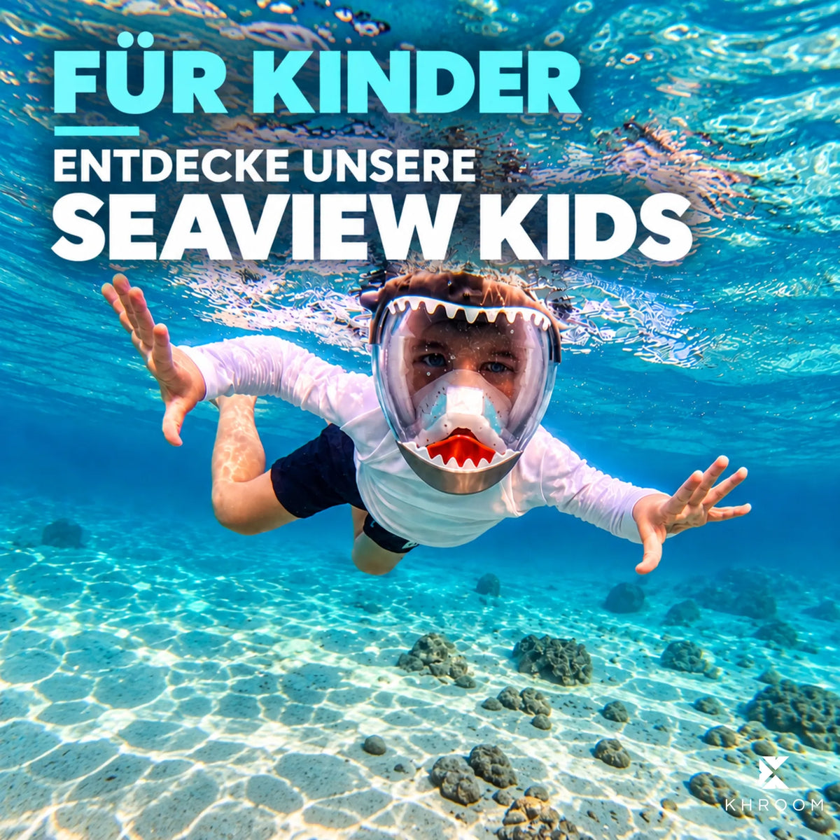 Schnorchelmaske für Kinder: Seaview Kids Vollgesichtsmaske mit Hai-Design beim Schnorcheln unter Wasser – von Khroom