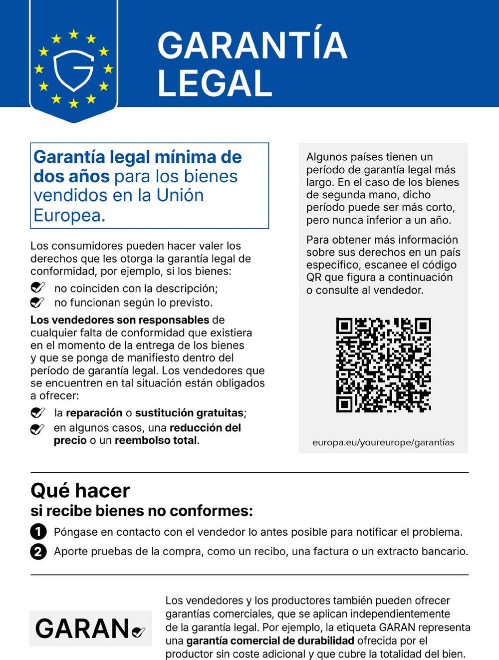 Garantía legal – aviso armonizado de la UE
