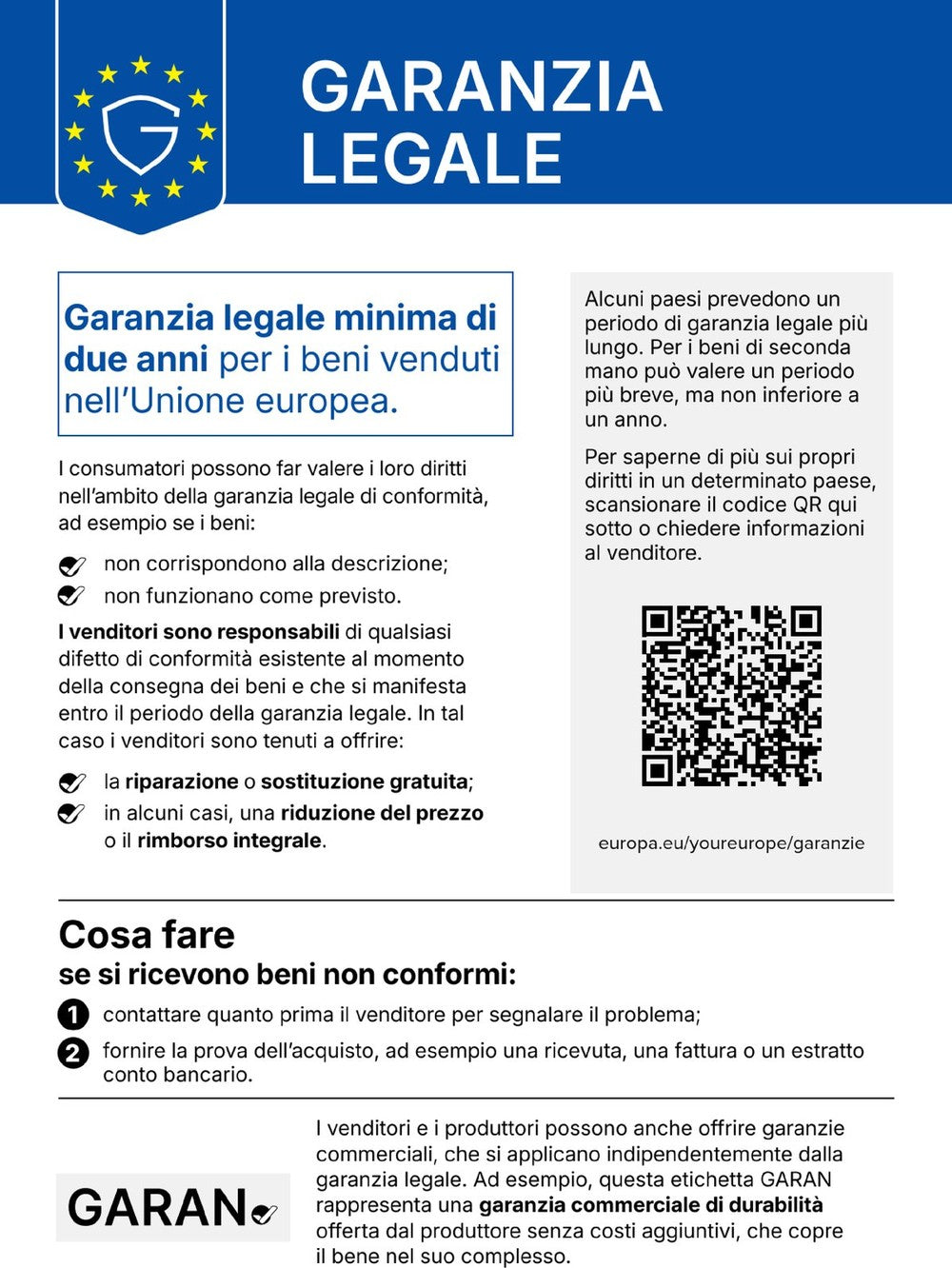 Garanzia legale – avviso armonizzato UE